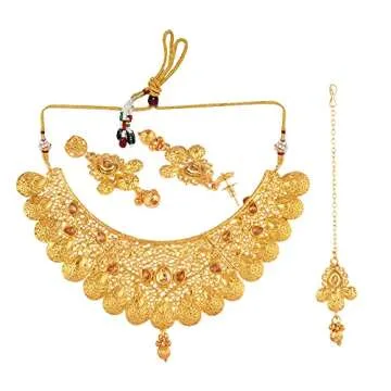 Efulgenz Indian Bridal Jewelry Set for Wedding Indian Gold Jewelry Traditional Bollywood Crystal Kundan Choker Necklace Earrings Maang Tikka Indian Jewelry Sets for Women Gold