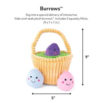 ZippyPaws Burrow Puzzle Plush Dog Toy, Interactive Squeaky Toy for Enrichment, Hide and Seek Game for Small to Medium Dogs, Easter Egg Basket