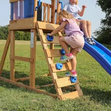 Backyard Discovery Bay Pointe All Cedar Wooden Swing Set, Large Upper Deck with Canopy, Sandbox, Rock Wall, Slide, Two Swings, Chalkboard Blue