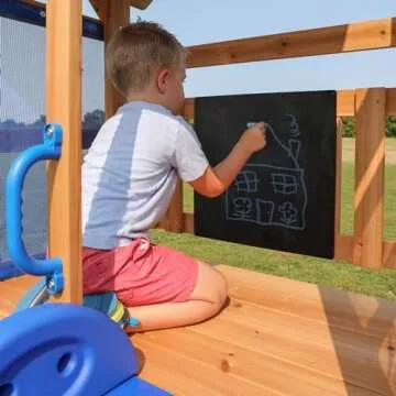 Backyard Discovery Bay Pointe All Cedar Wooden Swing Set, Large Upper Deck with Canopy, Sandbox, Rock Wall, Slide, Two Swings, Chalkboard Blue