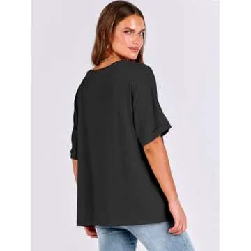 ANRABESS Women's Oversized T Shirts Short Sleeve V Neck Summer Tops Casual Loose Basic Plain Tee Shirts 2025 Trendy Outfits Black X-Large