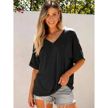 ANRABESS Women's Oversized T Shirts Short Sleeve V Neck Summer Tops Casual Loose Basic Plain Tee Shirts 2025 Trendy Outfits Black X-Large
