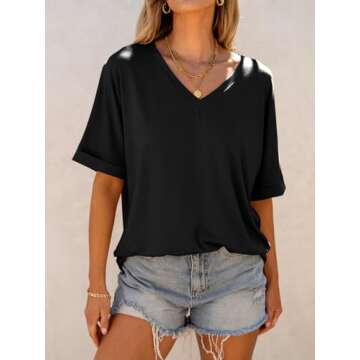 ANRABESS Women's Oversized T Shirts Short Sleeve V Neck Summer Tops Casual Loose Basic Plain Tee Shirts 2025 Trendy Outfits Black X-Large