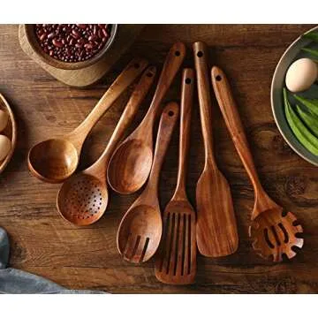 Wooden Kitchen Utensils set,NAYAHOSE Wooden Spoons for cooking Natural Teak Wood Kitchen Spatula Set for Cooking including Spoon Ladle Fork 7 Pack