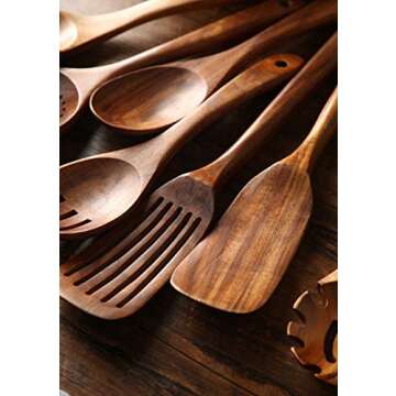 Wooden Kitchen Utensils set,NAYAHOSE Wooden Spoons for cooking Natural Teak Wood Kitchen Spatula Set for Cooking including Spoon Ladle Fork 7 Pack