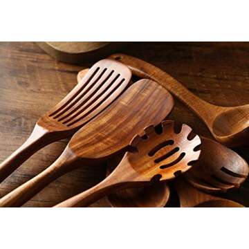 Wooden Kitchen Utensils set,NAYAHOSE Wooden Spoons for cooking Natural Teak Wood Kitchen Spatula Set for Cooking including Spoon Ladle Fork 7 Pack