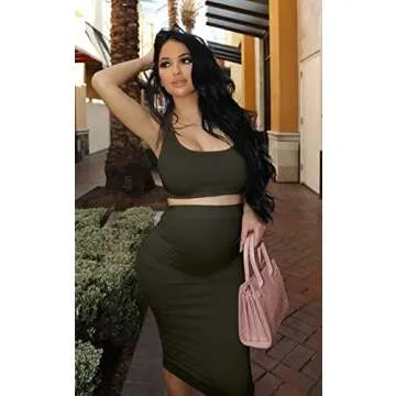 GOBLES Women's Sexy Summer Outfits Bodycon Tank Top Midi Skirt 2 Piece Dress Olive