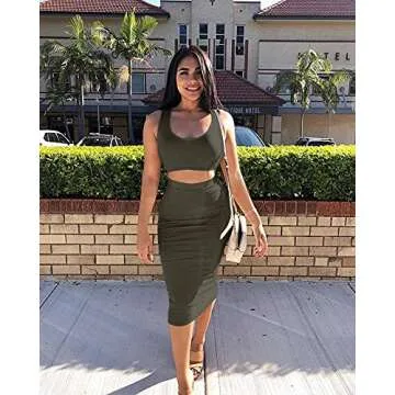 GOBLES Women's Sexy Summer Outfits Bodycon Tank Top Midi Skirt 2 Piece Dress Olive