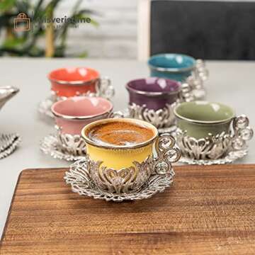 Alisveristime 12 Pc Turkish Greek Arabic Coffee Espresso Cup Saucer Porcelain Set (Silver Mix Color)