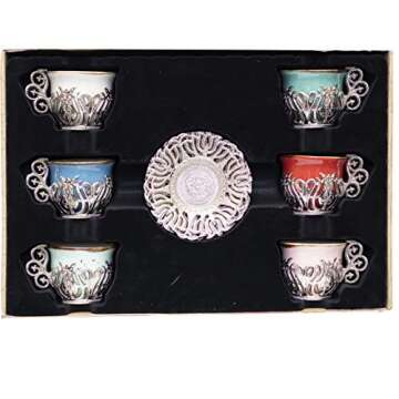 Alisveristime 12 Pc Turkish Greek Arabic Coffee Espresso Cup Saucer Porcelain Set (Silver Mix Color)