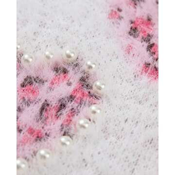 SELINK Women's Fuzzy Heart Sweater V Neck Pearl Drop Shoulder Casual Long Sleeve Valentines Sweaters Pullover Tops