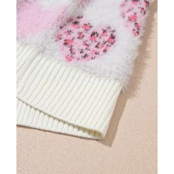 SELINK Women's Fuzzy Heart Sweater V Neck Pearl Drop Shoulder Casual Long Sleeve Valentines Sweaters Pullover Tops