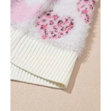 SELINK Women's Fuzzy Heart Sweater V Neck Pearl Drop Shoulder Casual Long Sleeve Valentines Sweaters Pullover Tops