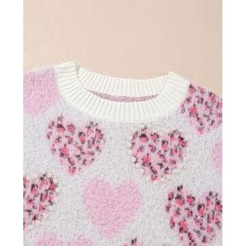 SELINK Women's Fuzzy Heart Sweater V Neck Pearl Drop Shoulder Casual Long Sleeve Valentines Sweaters Pullover Tops