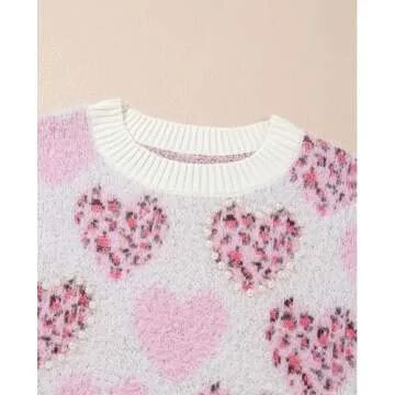 SELINK Women's Fuzzy Heart Sweater V Neck Pearl Drop Shoulder Casual Long Sleeve Valentines Sweaters Pullover Tops