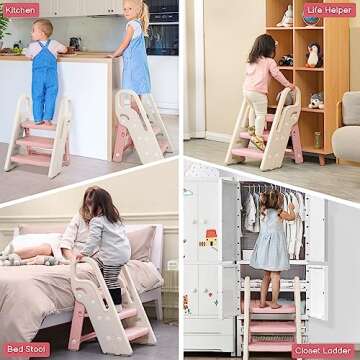 Onasti Foldable Toddler Step Stool for Bathroom Sink, Adjustable 3 Step Stool for Kids Toilet Potty Training Stool with Handles, Child Kitchen Counter Stool Helper, Plastic Ladder for Toddlers Pink