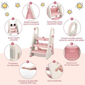 Onasti Foldable Toddler Step Stool for Bathroom Sink, Adjustable 3 Step Stool for Kids Toilet Potty Training Stool with Handles, Child Kitchen Counter Stool Helper, Plastic Ladder for Toddlers Pink