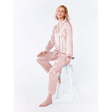 SIORO Womens Silk Pajamas Soft Long Satin Sleepwear Ladies Pajama Sets Button Down Loungewear Pyjamas Suit, Shell Pink, Large