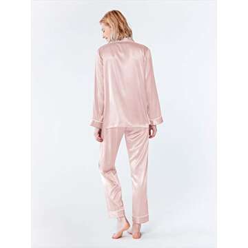 SIORO Womens Silk Pajamas Soft Long Satin Sleepwear Ladies Pajama Sets Button Down Loungewear Pyjamas Suit, Shell Pink, Large