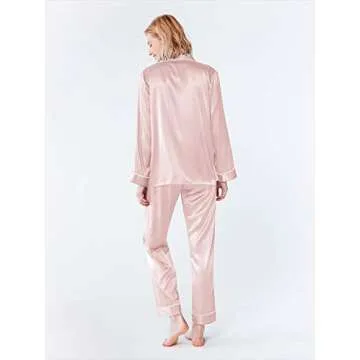 SIORO Womens Silk Pajamas Soft Long Satin Sleepwear Ladies Pajama Sets Button Down Loungewear Pyjamas Suit, Shell Pink, Large