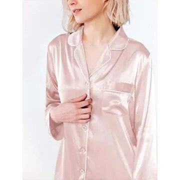 SIORO Womens Silk Pajamas Soft Long Satin Sleepwear Ladies Pajama Sets Button Down Loungewear Pyjamas Suit, Shell Pink, Large