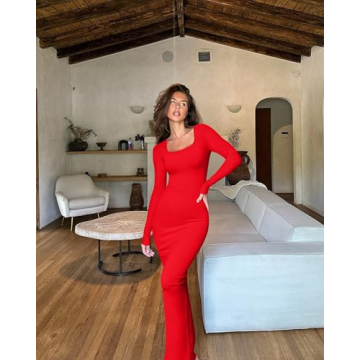 OQQ Women's Long Sleeve Ribbed Maxi Dress - Comfortable Style