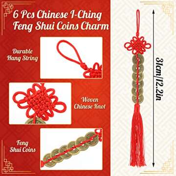 ISKYBOB Chinese Feng Shui Coins, Set of 6 I Ching Coins with Red Chinese Knot String Vintage Lucky F...
