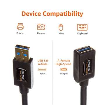 Amazon Basics USB-A 3.0 Extension Cable, 4.8Gbps High-Speed, Male to Female Gold-Plated Connectors, 3 Meters, Black