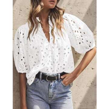 Yimoon Women's Puff Sleeve Eyelet Top for Dressy Casual Style