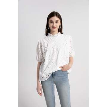 Yimoon Women's Puff Sleeve Eyelet Top for Dressy Casual Style
