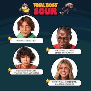 Final Boss Sour, Extremely Super Sour Gummy Candy, Blueberry, LvL 3, (1.06 Ounces Bags, 10 Bags) - Gummies Made with Dried Fruit, Free of Artificial Colors, Low Calorie Healthy Snack for Kids & Adults