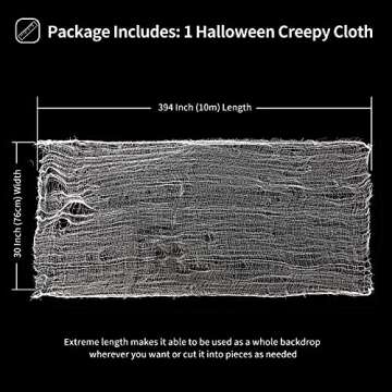 FestiCorp Halloween White Cheesecloth, 394x30 inch-Halloween Spooky Creepy Cloth Curtain Gauze Fabric, Spider Web Mesh White Cheese Cloth for Haunted House Decor, Indoor & Outdoor Decoration