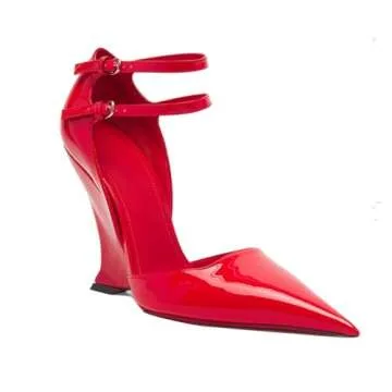 Goolita Pointed Closed Toe Wedge Heels for Women, Sexy Patent Leather Buckle Strap Office Dress Pumps Shoes Red