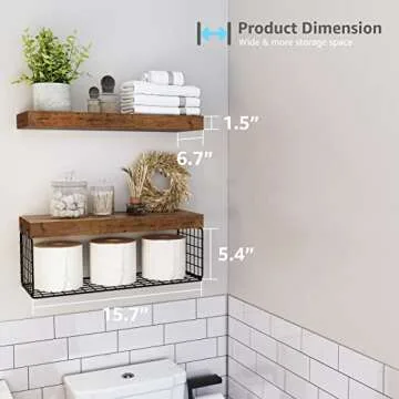 QEEIG Bathroom Shelves Over Toilet Wall Mounted Floating Shelves Farmhouse Shelf Toilet Paper Storage Small 16 inch Set of 2, Rustic Brown (019-BN2)