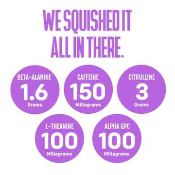 Squish Pre Workout Energy Shots, Beta-Alanine, Citrulline, Caffeine, L-Theanine, Alpha-GPC, Plant Based ingredients support and enhance workouts, Blue Repsberry, Pineapple Press, PR Punch, 12 ct. Jar