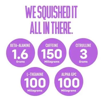 Squish Pre Workout Energy Shots, Beta-Alanine, Citrulline, Caffeine, L-Theanine, Alpha-GPC, Plant Based ingredients support and enhance workouts, Blue Repsberry, Pineapple Press, PR Punch, 12 ct. Jar