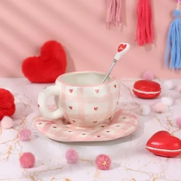 Valentine's Day Ceramic Coffee Mug Saucer Set Unique Irregular Design Cute Creative Cup with Spoon C...