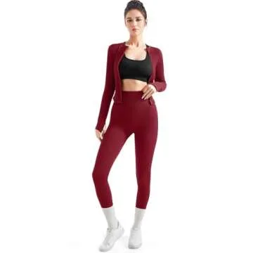 SUUKSESS Women 2 Piece Seamless Ribbed Workout Sets With Zip Up Jacket High Waisted Gym Yoga Leggings (Red,S)