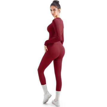 SUUKSESS Women 2 Piece Seamless Ribbed Workout Sets With Zip Up Jacket High Waisted Gym Yoga Leggings (Red,S)