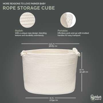 Parker Baby Rope Storage Cube Bin - 11 Inch Nursery Cubby Storage Bin Cubes for Cube Organizer, Clos...