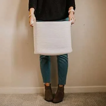 Parker Baby Rope Storage Cube Bin - 11 Inch Nursery Cubby Storage Bin Cubes for Cube Organizer, Closet Organizers and Storage Toy Bin, Rope Baskets Bins for Toys Storage - White