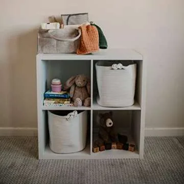 Parker Baby Rope Storage Cube Bin - 11 Inch Nursery Cubby Storage Bin Cubes for Cube Organizer, Closet Organizers and Storage Toy Bin, Rope Baskets Bins for Toys Storage - White