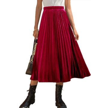 HERBATOMIA Women’s Pleated Midi Velvet Skirt High Elastic Waist A Line Casual Swings Red Long Skir...