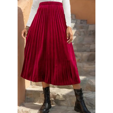 HERBATOMIA Women’s Pleated Midi Velvet Skirt High Elastic Waist A Line Casual Swings Red Long Skirts