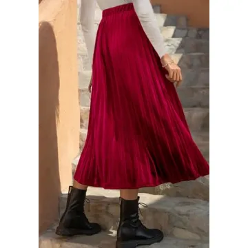 HERBATOMIA Women’s Pleated Midi Velvet Skirt High Elastic Waist A Line Casual Swings Red Long Skirts
