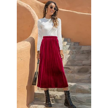 HERBATOMIA Women’s Pleated Midi Velvet Skirt High Elastic Waist A Line Casual Swings Red Long Skirts