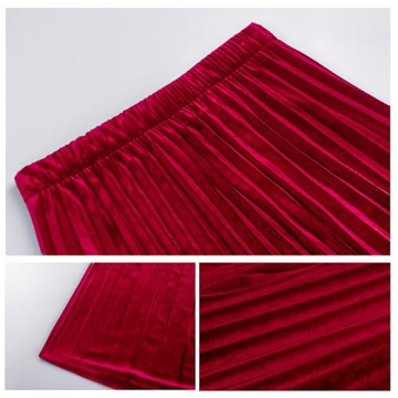 HERBATOMIA Women’s Pleated Midi Velvet Skirt High Elastic Waist A Line Casual Swings Red Long Skirts