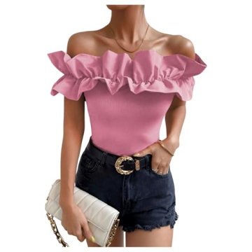 OYOANGLE Women's Ruffle Trim Off Shoulder Short Sleeve Blouse Party Tops Shirt Light Pink Small