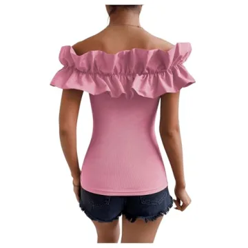 Stylish Women’s Off Shoulder Ruffle Blouse Light Pink
