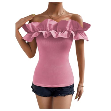 Stylish Women’s Off Shoulder Ruffle Blouse Light Pink